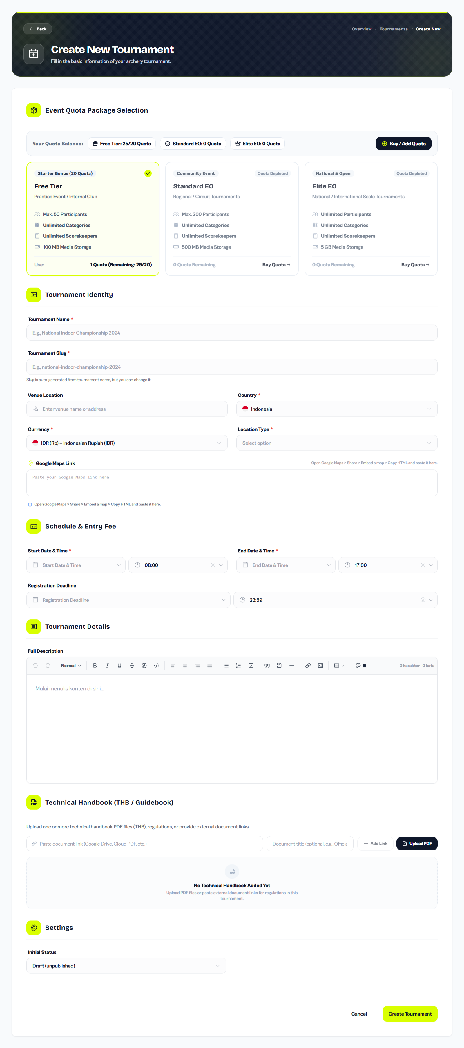 Organizer Dashboard tournament list page with Create New button in the top right corner